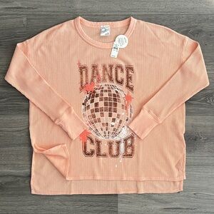 AERIE OFFLINE Waffle Knit Long Sleeve Tee Small Graphic Dance Club Peach Cozy